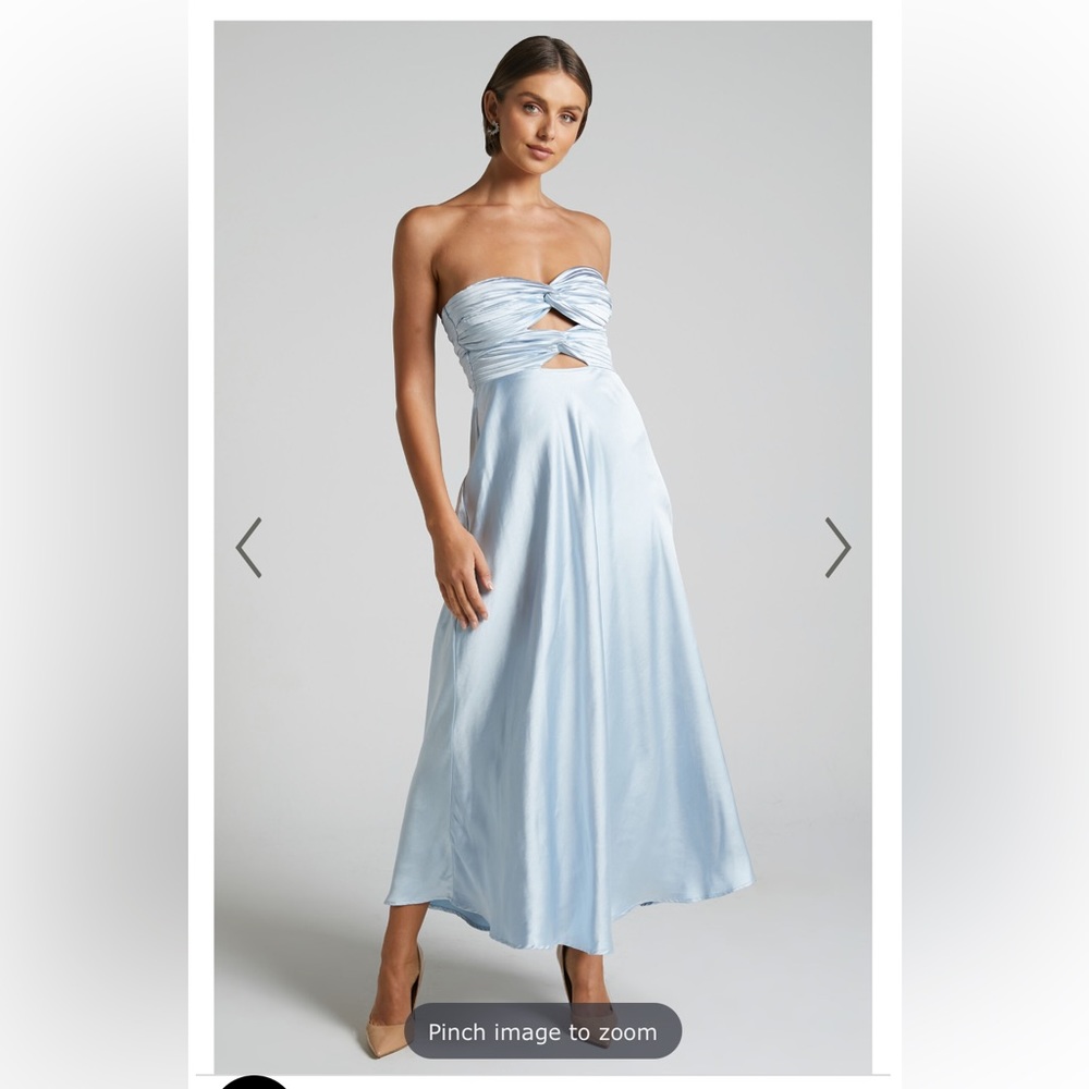 Showpo strapless dress in light blue.